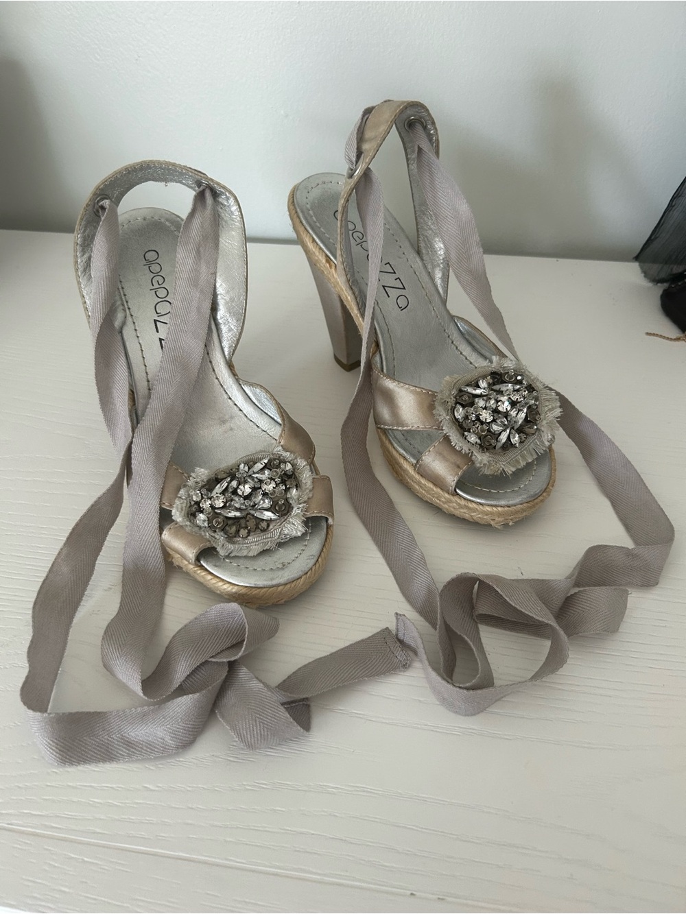 Embellished Silver Platform Heels with Satin Ankle Ties